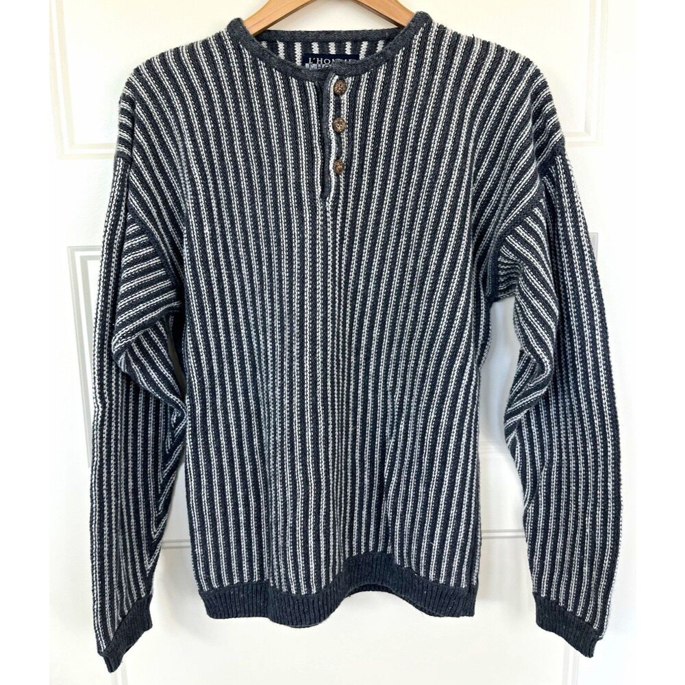 VTG L'Homme Striped Henley Knit Sweater Mens M Ramie Cotton Ribbed Grandpa 90s